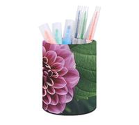 ERSTSNCK Round PU Leather Pen Holder - Flower Leaves Purple Red Flower Desk Organizer with Waterproof Design, Makeup Brush Cup & Office Supply Storage for Home Office Dorm Desktop Organization