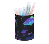 ERSTSNCK Round PU Leather Pen Holder - Fluorescent Jellyfish Desk Organizer with Waterproof Design, Makeup Brush Cup & Office Supply Storage for Home Office Dorm Desktop Organization