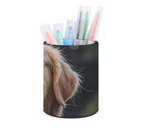 ERSTSNCK Round PU Leather Pen Holder - Funny Golden Retriever Desk Organizer with Waterproof Design, Makeup Brush Cup & Office Supply Storage for Home Office Dorm Desktop Organization