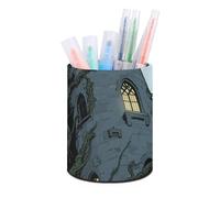 ERSTSNCK Round PU Leather Pen Holder - Ghost Castle Desk Organizer with Waterproof Design, Makeup Brush Cup & Office Supply Storage for Home Office Dorm Desktop Organization