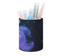 ERSTSNCK Round PU Leather Pen Holder - Glowing Jellyfish Desk Organizer with Waterproof Design, Makeup Brush Cup & Office Supply Storage for Home Office Dorm Desktop Organization