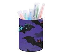 ERSTSNCK Round PU Leather Pen Holder - Halloween Flying Bat Desk Organizer with Waterproof Design, Makeup Brush Cup & Office Supply Storage for Home Office Dorm Desktop Organization