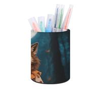 ERSTSNCK Round PU Leather Pen Holder - Halloween Horror Wolf Desk Organizer with Waterproof Design, Makeup Brush Cup & Office Supply Storage for Home Office Dorm Desktop Organization