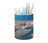 ERSTSNCK Round PU Leather Pen Holder - Leopard Shark Desk Organizer with Waterproof Design, Makeup Brush Cup & Office Supply Storage for Home Office Dorm Desktop Organization