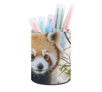 ERSTSNCK Round PU Leather Pen Holder - Little Red Panda Desk Organizer with Waterproof Design, Makeup Brush Cup & Office Supply Storage for Home Office Dorm Desktop Organization