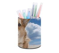 ERSTSNCK Round PU Leather Pen Holder - Lying on The Beach Desk Organizer with Waterproof Design, Makeup Brush Cup & Office Supply Storage for Home Office Dorm Desktop Organization