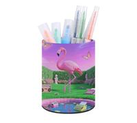 ERSTSNCK Round PU Leather Pen Holder - Neon Flamingo Pattern Desk Organizer with Waterproof Design, Makeup Brush Cup & Office Supply Storage for Home Office Dorm Desktop Organization