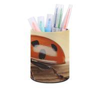 ERSTSNCK Round PU Leather Pen Holder - Orange Ladybug on Beige Background Desk Organizer with Waterproof Design, Makeup Brush Cup & Office Supply Storage for Home Office Dorm Desktop Organization