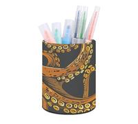 ERSTSNCK Round PU Leather Pen Holder - Orange Octopus Pattern Desk Organizer with Waterproof Design, Makeup Brush Cup & Office Supply Storage for Home Office Dorm Desktop Organization