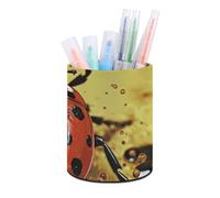 ERSTSNCK Round PU Leather Pen Holder - Paint Spotted Ladybug Desk Organizer with Waterproof Design, Makeup Brush Cup & Office Supply Storage for Home Office Dorm Desktop Organization