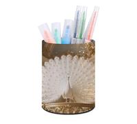 ERSTSNCK Round PU Leather Pen Holder - Peacock on Gilded Rail Desk Organizer with Waterproof Design, Makeup Brush Cup & Office Supply Storage for Home Office Dorm Desktop Organization