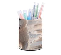 ERSTSNCK Round PU Leather Pen Holder - Running on The Beach Desk Organizer with Waterproof Design, Makeup Brush Cup & Office Supply Storage for Home Office Dorm Desktop Organization