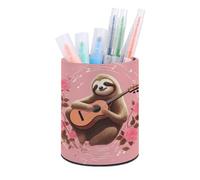 ERSTSNCK Round PU Leather Pen Holder - Sloth with Musical Notes on Background Desk Organizer with Waterproof Design, Makeup Brush Cup & Office Supply Storage for Home Office Dorm Desktop Organization