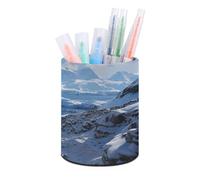 ERSTSNCK Round PU Leather Pen Holder - Spectacular Snowy Mountains Desk Organizer with Waterproof Design, Makeup Brush Cup & Office Supply Storage for Home Office Dorm Desktop Organization