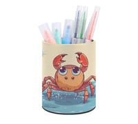 ERSTSNCK Round PU Leather Pen Holder - Summer Cartoon Crab Desk Organizer with Waterproof Design, Makeup Brush Cup & Office Supply Storage for Home Office Dorm Desktop Organization