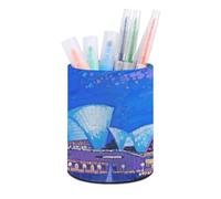 ERSTSNCK Round PU Leather Pen Holder - Sydney Opera House Blue Night Desk Organizer with Waterproof Design, Makeup Brush Cup & Office Supply Storage for Home Office Dorm Desktop Organization