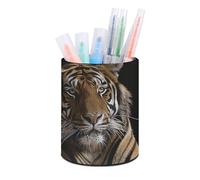 ERSTSNCK Round PU Leather Pen Holder - Tiger in Cave Desk Organizer with Waterproof Design, Makeup Brush Cup & Office Supply Storage for Home Office Dorm Desktop Organization