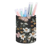 ERSTSNCK Round PU Leather Pen Holder - Various Butterflies And Daisies Desk Organizer with Waterproof Design, Makeup Brush Cup & Office Supply Storage for Home Office Dorm Desktop Organization