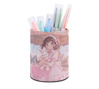 ERSTSNCK Round PU Leather Pen Holder - Women in The Amusement Park Desk Organizer with Waterproof Design, Makeup Brush Cup & Office Supply Storage for Home Office Dorm Desktop Organization