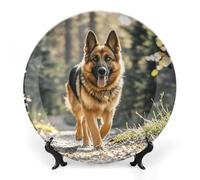 ERSTSNCK Running German Shepherd Dog Ceramic Plate 7inch Decorative Bone China Wall Hanging Ornament Plates Bohemian Style Dinner Plate with Display Stand Cabinet Display Plates for Home Art Decor