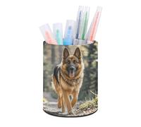 ERSTSNCK Running German Shepherd Dog Pen Holder, Pencil Holder Desktop Stationery Organizer Round Leather Pencil Cup Makeup Brush Storage Box for Office Home And Stationary Supplies