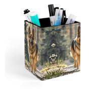 ERSTSNCK Running German Shepherd Dog Pen Holder, Pencil Holder Desktop Stationery Organizer Square Leather Pencil Cup Makeup Brush Storage Box for Office Home And Stationary Supplies