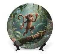 ERSTSNCK Running Monkey Ceramic Plate 10inch Decorative Bone China Wall Hanging Ornament Plates Bohemian Style Dinner Plate with Display Stand Cabinet Display Plates for Home Art Decor