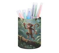 ERSTSNCK Running Monkey Pen Holder, Pencil Holder Desktop Stationery Organizer Round Leather Pencil Cup Makeup Brush Storage Box for Office Home And Stationary Supplies