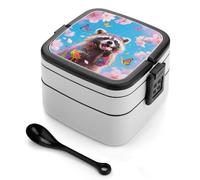 ERSTSNCK Sakura Raccoon Bento Box 1000ml Leak Proof Lunch Container with Removable Dividers & Spoon - BPA-Free PP Stackable Lunch Box for Work, Office, Picnic, Travel, Dining Out