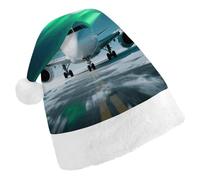 ERSTSNCK Santa Hat for Adults - Airplane Under The Polar Night Sky Christmas Hat with White Pom Pom, Classic Xmas Cap for Party