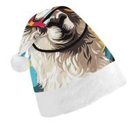 ERSTSNCK Santa Hat for Adults - Alpaca Wearing Sunglasses Christmas Hat with White Pom Pom, Classic Xmas Cap for Party