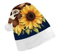 ERSTSNCK Santa Hat for Adults - Cartoon Sloth Sitting on Sunflower Christmas Hat with White Pom Pom, Classic Xmas Cap for Party