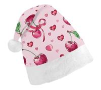 ERSTSNCK Santa Hat for Adults - Cherry And Heart Shape Christmas Hat with White Pom Pom, Classic Xmas Cap for Party