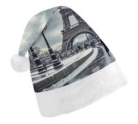 ERSTSNCK Santa Hat for Adults - Eiffel Tower Winter Rainy Christmas Hat with White Pom Pom, Classic Xmas Cap for Party