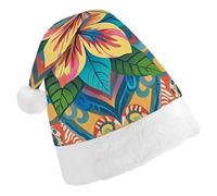 ERSTSNCK Santa Hat for Adults - Flowers And Hawaiian Tribal Patterns Christmas Hat with White Pom Pom, Classic Xmas Cap for Party