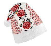 ERSTSNCK Santa Hat for Adults - Ukrainian Embroidery Style Rose Christmas Hat with White Pom Pom, Classic Xmas Cap for Party