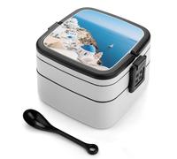 ERSTSNCK Santorini Greek Island Sea View Bento Box 1000ml Leak Proof Lunch Container with Removable Dividers & Spoon - BPA-Free PP Stackable Lunch Box for Work, Office, Picnic, Travel, Dining Out