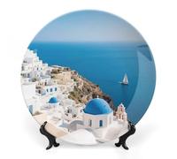 ERSTSNCK Santorini Greek Island Sea View Ceramic Decorative Plate 10inch Bone China Wall Hanging Ornament Plates Bohemian Style Dinner Plate with Stand Cabinet Display Plates for Home Art Decor