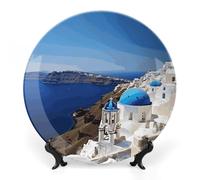 ERSTSNCK Santorini Greek Island Sea View Ceramic Decorative Plate 6inch Bone China Wall Hanging Ornament Plates Bohemian Style Dinner Plate with Stand Cabinet Display Plates for Home Art Decor