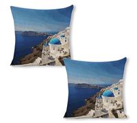 ERSTSNCK Santorini Greek Island Sea View Pillow Covers 18"x18"（2pcs） Linen Throw Pillow Covers - Double Sided Decorative Square Cushion Cases for Sofa, Bed, Chair (No Insert Included)