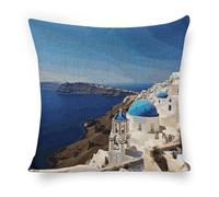 ERSTSNCK Santorini Greek Island Sea View Pillow Covers 18"x18" Linen Throw Pillow Covers - Double Sided Decorative Square Cushion Cases for Sofa, Bed, Chair (No Insert Included)