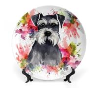 ERSTSNCK Schnauzer Ceramic Decorative Plate 8inch Bone China Wall Hanging Ornament Plates Bohemian Style Dinner Plate with Stand Cabinet Display Plates for Home Art Decor