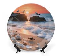 ERSTSNCK Sea Beach Sunset Ceramic Plate 8inch Decorative Bone China Wall Hanging Ornament Plates Bohemian Style Dinner Plate with Display Stand Cabinet Display Plates for Home Art Decor