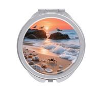 ERSTSNCK Sea Beach Sunset Compact Mirror for Purse, Double-Sided 1x/2x Magnifying Metal Pocket Makeup Mirrors, Folding Mini Vanity Mirror, Handheld Round Travel Cosmetic Mirrors for Women