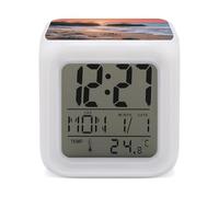 ERSTSNCK Sea Beach Sunset Night Light Alarm Clock LED Display Alarms for Bedroom Smart Digital Alarm Clock Wtih 7 Colorful Ambient Lights Sleep Timer for Heavy Sleepers Simple Operation