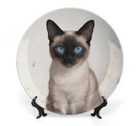 ERSTSNCK Siamese Cat Art Ceramic Decorative Plate 6inch Bone China Wall Hanging Ornament Plates Bohemian Style Dinner Plate with Stand Cabinet Display Plates for Home Art Decor