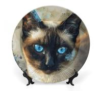 ERSTSNCK Siamese Cat Art Ceramic Decorative Plate 7inch Bone China Wall Hanging Ornament Plates Bohemian Style Dinner Plate with Stand Cabinet Display Plates for Home Art Decor