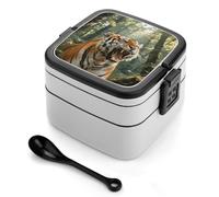 ERSTSNCK Siberian Tiger in The Forest Bento Box 1000ml Leak Proof Lunch Container with Removable Dividers & Spoon - BPA-Free PP Stackable Lunch Box for Work, Office, Picnic, Travel, Dining Out