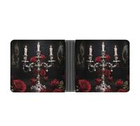 ERSTSNCK Silver Candelabra & Blood Rose Wallet for Men Bifold Rfid Blocking Slim Money Clip Front Pocket Wallet Card Holder
