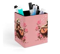 ERSTSNCK Sloth with Musical Notes on Background Pen Holder, Pencil Holder Desktop Stationery Organizer Square Leather Pencil Cup Makeup Brush Storage Box for Office Home And Stationary Supplies